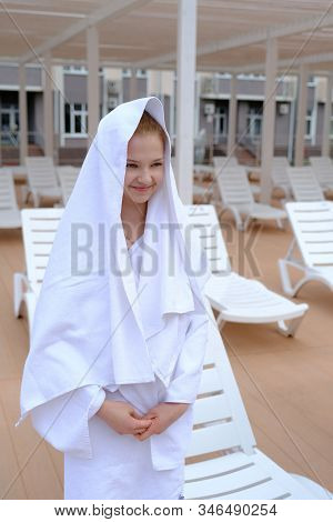 Side Viewbeautiful Woman Relaxing In Bathrobe In Spa Cente. Beauty Lady With Towel On Her Head. Spa 