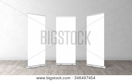 Rollup Banners Stand. Blank Template Mockups. Exhibition Stand Roll-up Banners, Isolated Screen For 