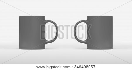 White Coffee Or Tea Cup On Dark Background. Blank Mug Mock Up With Different Sides. Empty Gift Pint 