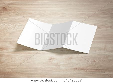 Brochure Mock-up On Background. Opened Tri Fold Blank Paper Brochure Mock Up. Cover For Your Design.