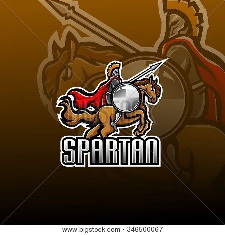Spartan With Horse Jump Esport Mascot Logo With Text