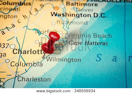 Prague, Czech Republic - January 12, 2019: Red Thumbtack In A Map. Pushpin Pointing At Wilmington Ci