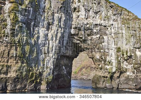 Faroe Islands Coastline Landscape In Vagar Island On Sunny Day