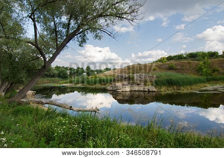 Stone Cliff On The River Bank In Tyasminsky Canyon. Kamianka Cherkasy Region. Ukraine