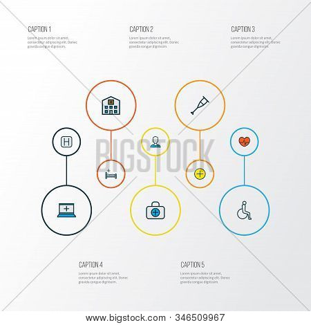 Antibiotic Icons Colored Line Set With Hospital, Disabled, Hospital Building And Other First Aid Kit