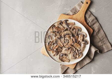 Stewed Mushrooms In Sour Cream With Portulak.fresh Mushroom Stew With Vegetables.