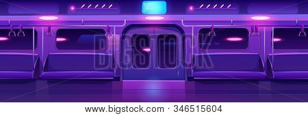Metro Interior With Neon Glowing Illumination, Empty Subway, Underground Tube Design With Seats And 