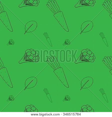 Vector Doodle Illustration Of A Pattern Of Broccoli, Carrots And Spinach On A Green Background