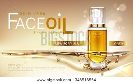 Face Oil Cosmetics Bottle Mock Up Banner, Repair Beauty Skin Care Product Pump Tube With Gold Liquid