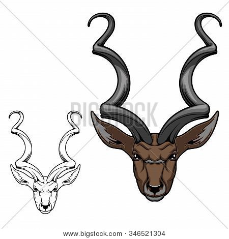 Greater Kudu Antelope Head Isolated Icon Of African Gazelle Animal With Twisted Horns, Long Ears And