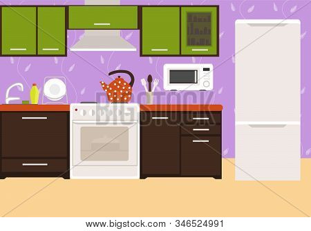 Kitchen Interier. Bright Interior In The Style Of Flat. Kitchen Furniture, Appliances And Items.
