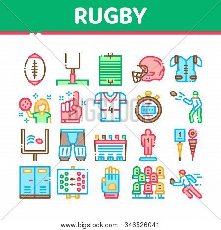 Rugby Sport Game Tool Collection Icons Set Vector Thin Line. Rugby Ball And Gates, Athlete Protectio