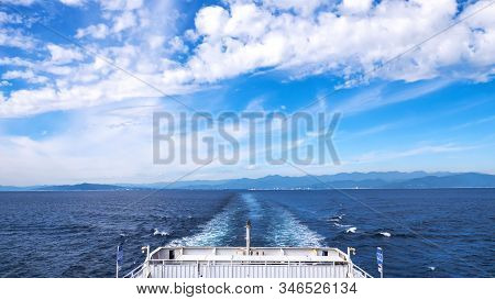 Back View And Ship Wake From The Suruga Bay Ferry Cruise / Boat At Shimizu Port, Shizuoka, Japan (wa