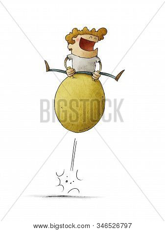 Illustration Of Smiling Boy Having Fun Jumping On A Hopper Ball. Isolated