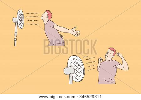 Young Man With Ventilator, Coolness And Freshness Concept. Heat Recovery, Hot Weather, Cooling, Clim