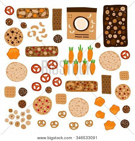 Set Of Doodle Colored Healthy Snacks Including Granola Bars, Whole Grain Cookies, Vegetable Chips, C