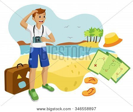 Vector Happy Smiling Tourist Guy On Vacation 
Traveling To The Tropical Seaside With Camera,
 Suitca