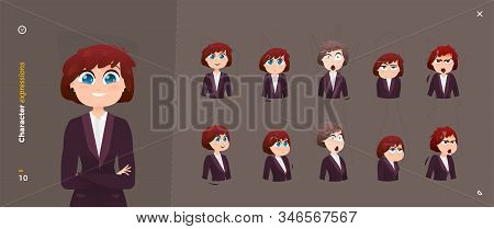Woman Cartoon Character Expressions Set. Facial Emotional.