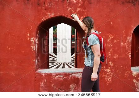 Girl Tourist Standing Near Historic Observatory, Jantar Mantar, New Delhi, India
