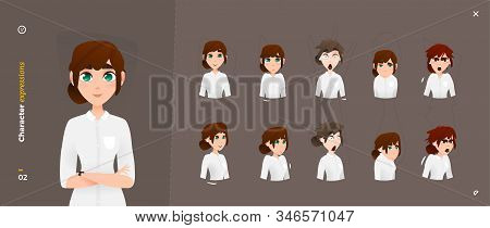 Woman Cartoon Character Expressions Set. Facial Emotional.