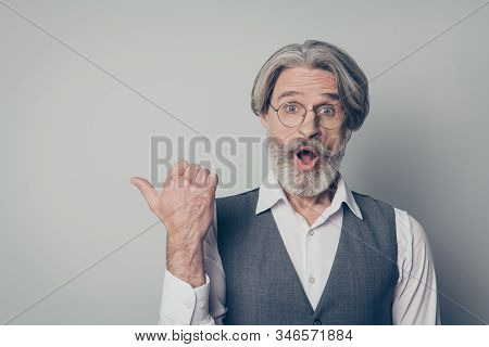 Look Incredible Discounts. Astonished Crazy Impressed Old Man Indicate Ads Promotion Point Forefinge