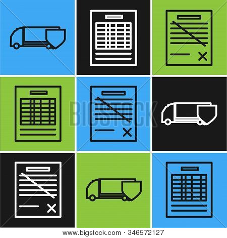 Set Line Delivery Cargo Truck With Shield, Delete File Document And Report File Document Icon. Vecto