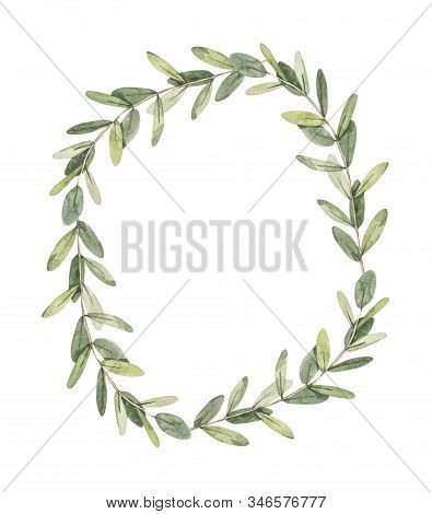 Hand Drawn Watercolor Illustration. Botanical Frame With Eucalyptus, Branches, Fern And Leaves. Gree