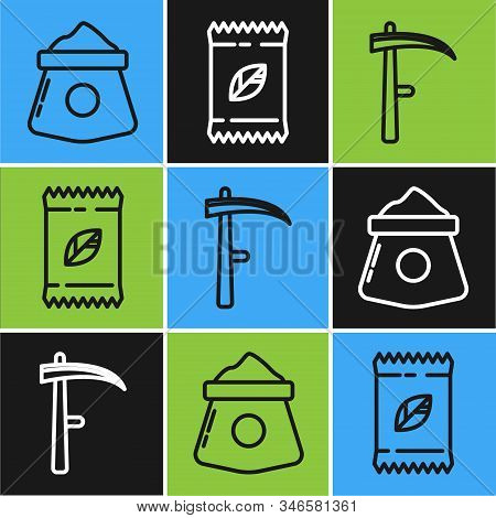Set Line Bag Of Flour, Scythe And A Pack Full Of Seeds Of A Specific Plant Icon. Vector
