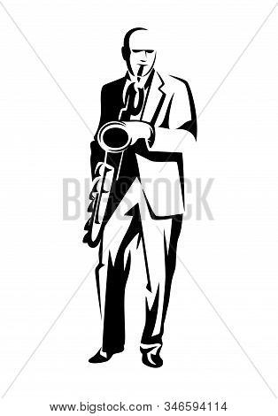 Performing Jazzman Black And White Vector Outline - Standing Musician Playing Saxophone Simple Desig