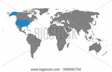 Vietnam, Usa Political Map Highlighted On World Map. Gray Background. Business Concepts Trade, Econo