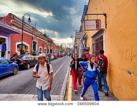 San Pedro Cholula, Mexico, October 17, 2018 - Avenida Hidalgo Street In Center Of San Pedro Cholula 