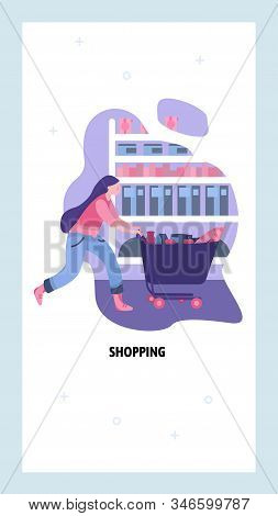 Shopping Business Concept. Woman Push Shopping Cart In Grocery Store. Vector Web Site Design Templat