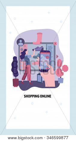 Online Shopping Concept. Woman Buy Shoes In Internet Shop Using Mobile Phone. Vector Web Site Design