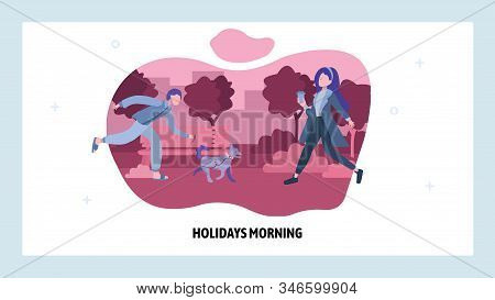 Dog Walking In Public Park. Woman With Coffee Walks In A City Park. Vector Web Site Design Template.