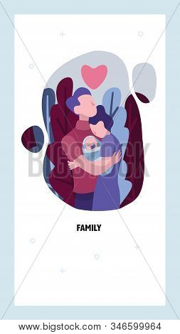 Happy Family Holding Newborn Child. Parents With Infant Baby. Father, Mother, Love Cartoon Concept. 