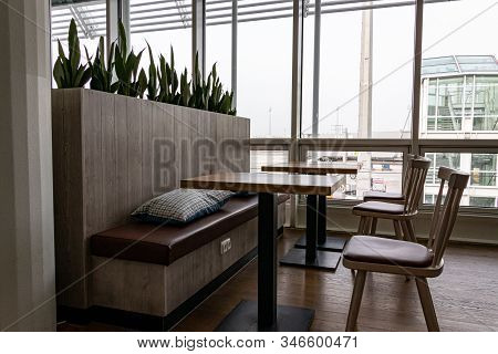 Airport, Munich, Germany - 09 April 2019: Boarding Area At Munich Airport Terminal 2 With Green Plan