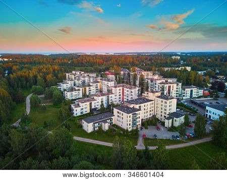 Beautiful Aerial Sunset View Of Espoo, Residential Suburb Of Helsinki, Finland