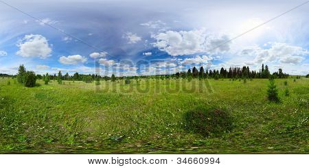 Panorama 360 gradi equidistanti di un prato verde con alberi ed estate blu cielo nuvoloso