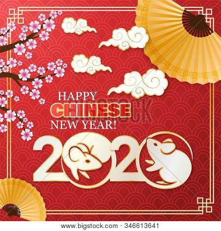 Happy Chinese New Year 2020 Year Of The Rat. Background With Chinese Fans, Clouds And Flowering Saku
