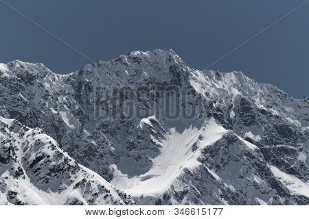 High Snowy Rocky Mountain In National Monument El Morado, In Central Andes Of Chile.