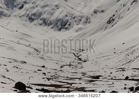 Natural Monument El Morado, Central Andes Of Chile. A Snowy Valleu