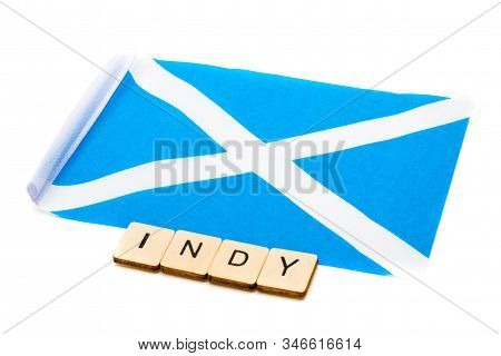 The National Flag Of Scotland, The Saltaire Or Cross Of St Andrews On A White Background With A Sign