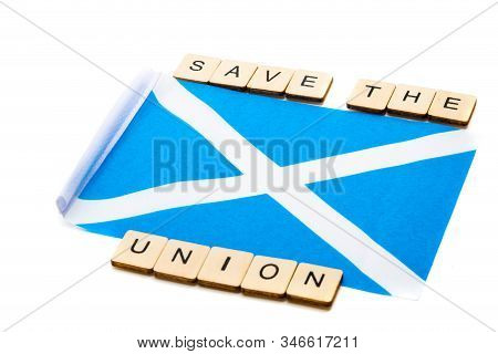 The National Flag Of Scotland, The Saltaire Or Cross Of St Andrews On A White Background With A Sign