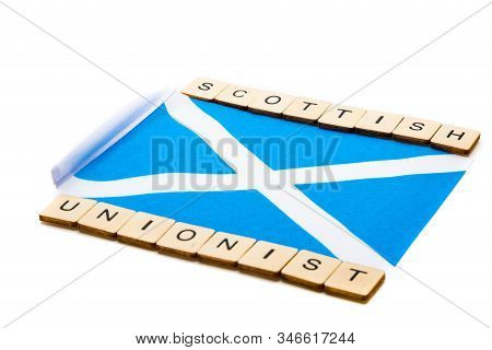The National Flag Of Scotland, The Saltaire Or Cross Of St Andrews On A White Background With A Sign