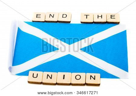 The National Flag Of Scotland, The Saltaire Or Cross Of St Andrews On A White Background With A Sign