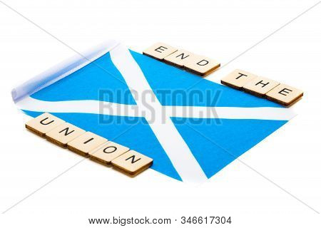 The National Flag Of Scotland, The Saltaire Or Cross Of St Andrews On A White Background With A Sign