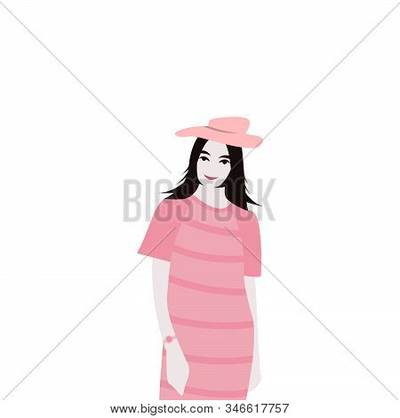 Flat Cartoon Vector Illustration. The Woman Who Is Standing And Smiling. Teenager With A Watch And H