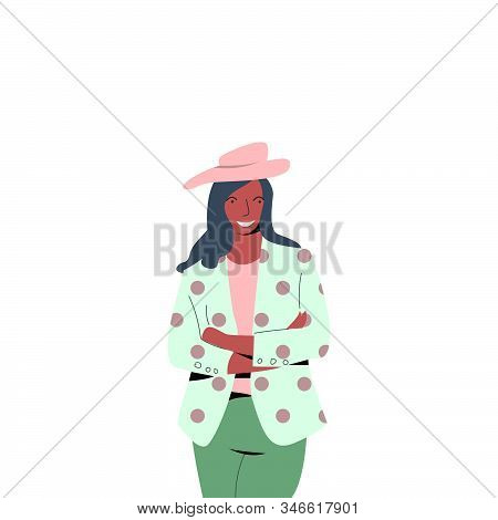 The Woman Who Stood Up And Smiled, Wearing A Patterned Suit And Hat, With A White Background