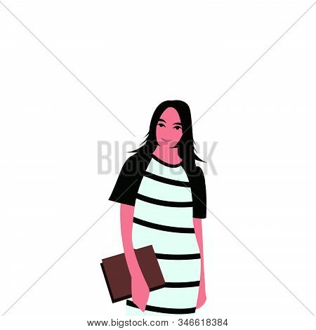Flat Cartoon Vector Illustration. The Woman Who Is Standing And Smiling. Teenager Holds A Book In Hi