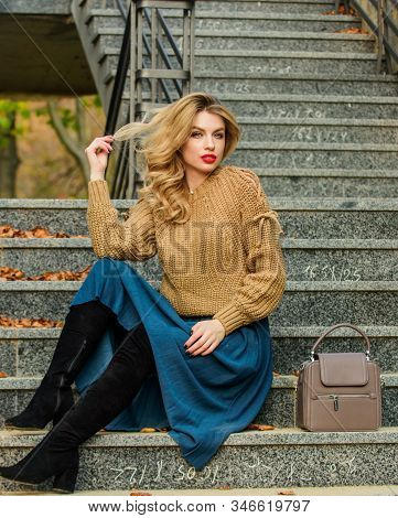 Wait For Him. Female Beauty. Fashion Model. Girl In Corrugated Skirt And Sweater. Pleated Trend. Cas
